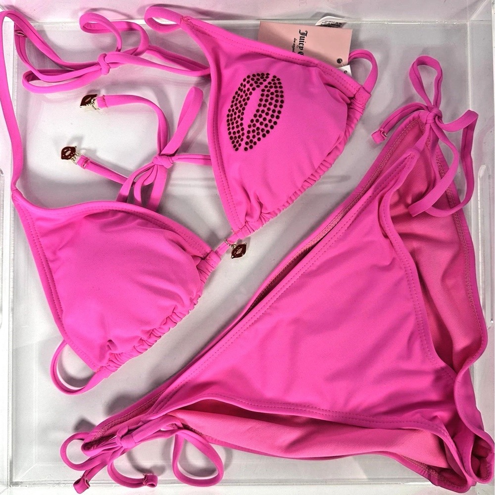 Juicy Couture Lips Rhinestone Bikini Set Neon Pink Triangle‎ Tie Swim Large